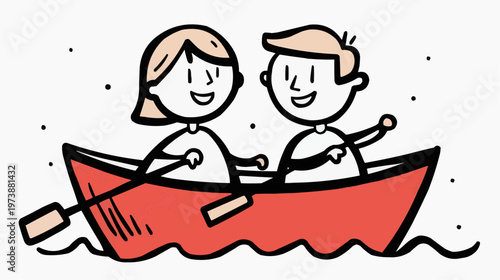 Flat vector illustration of a happy couple rowing a red boat, suitable for relationship articles, dating apps, or romantic event promotions.