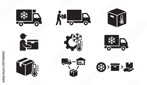 Cold chain logistics and delivery icons with logistics delivery transport