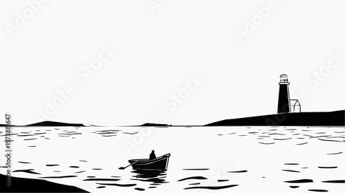 Flat vector illustration of a small boat sailing towards a distant lighthouse, suitable for travel blogs, maritime themes, or serene landscape designs.