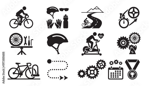 Collection of bicycle and cycling icons: sports maintenance health with exercise