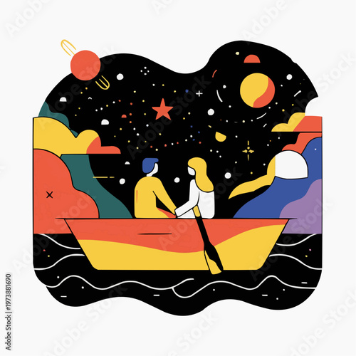 Flat vector illustration of a couple on a romantic boat ride under a starry night sky, perfect for greeting cards or social media.
