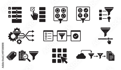 Workflow and process icons: filtering sorting task management with workflow