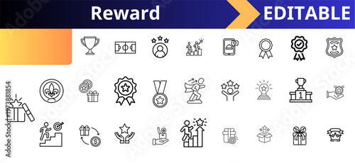 Reward achievement system outline icons set. trophy award, success progress, winner medal, gift box, ranking badge, mobile rewards, champion podium, loyalty points, growth target