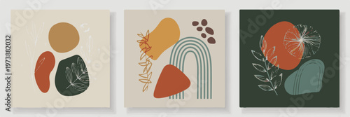 Abstract art prints set with organic shapes leaves and earth tone colors in minimalist boho style for home decor wall gallery.