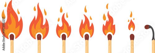 Matchstick burning sequence showing fire progression from small spark to extinguished charred wood on transparent grid background.