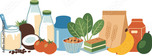 Healthy breakfast grocery items collection including fresh vegetables fruit milk and grain products for balanced diet lifestyle.