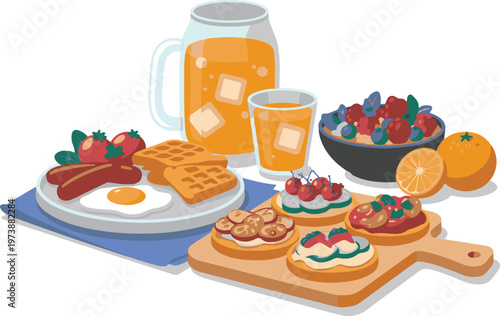 Delicious breakfast spread with waffles eggs sausages orange juice and fruit bowl served on wooden board for morning meal concept.