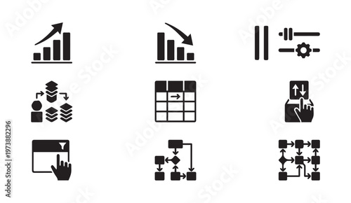 Data analysis and process icons with analysis optimization workflow database