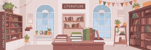 Cozy bookstore interior with shelves full of books, reading nook and warm lighting creates inviting atmosphere for literature lovers.