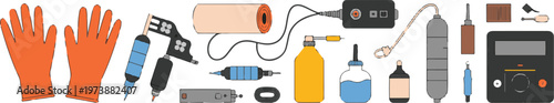 Tattoo equipment set, including tattoo machine, ink, gloves and power supply for professional tattoo artist.