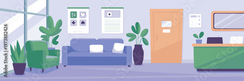 Modern clinic waiting room with comfortable seating, reception desk and plants, creating calm and professional medical environment.