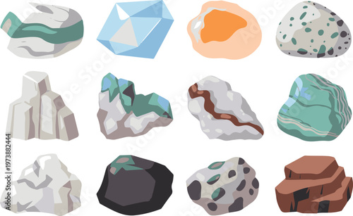 Natural minerals and gemstones collection with various crystal shapes colorful geological specimens isolated on transparent grid.