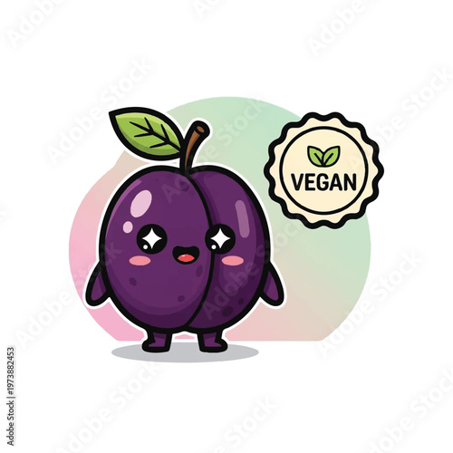 Cute cartoon plum character smiling.