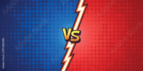 Comic Versus Vector Background. Versus Battle Screen. Versus vs Arena Split. Blue Red Halftone Divider. Game Competition Banner Template, Dynamic Fighting Poster Backdrop