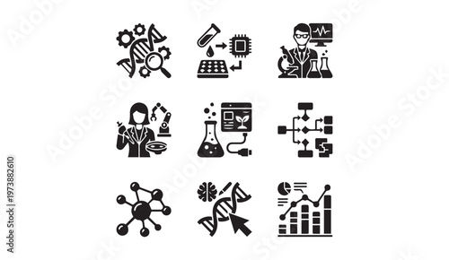 Icons illustrating science technology research concepts with test tube, research