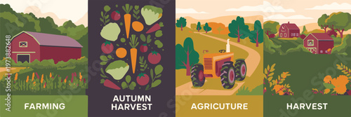 Four panel farm landscape showing rural countryside, autumn harvest, agriculture, and rustic buildings.