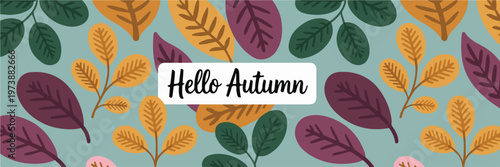 Autumn leaves pattern with text hello autumn on light blue background, decorative seasonal foliage.