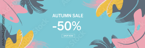 Autumn sale banner with abstract blue background and colorful stylized leaves featuring fifty percent discount and shop now button.