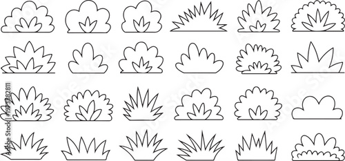 Set of various outline bushes and grass elements in different shapes for landscape illustrations or garden scenes.