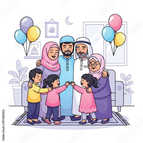 Muslim family with children together.