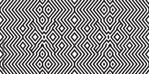 Monochrome geometric pattern with interwoven diamond shapes and lines, abstract background texture.