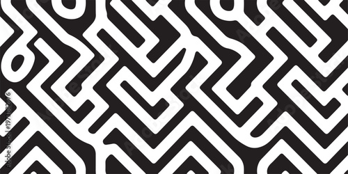 Complex maze like pattern in black and grey, optical illusion labyrinth background.