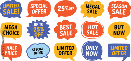 Collection of sale and discount offer tags in various shapes and colors for advertising promotions and marketing campaigns isolated on transparent background vector.