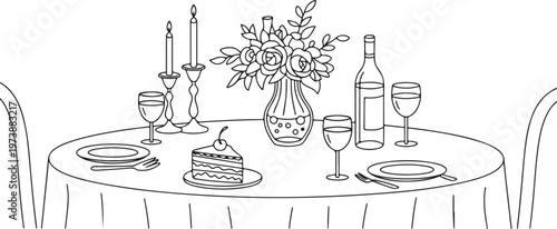 Romantic dinner table set up with flowers candles and wine isolated on transparent background vector illustration.