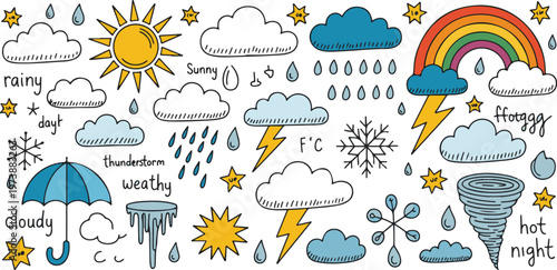 Set of hand drawn weather icons and symbols with sun, clouds, rain, snow and rainbow.