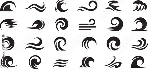 Set of black vector wave and wind symbols isolated on transparent background showing fluid motion curls and flowing water swirls.