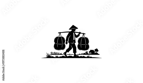 Traditional Farmer with Hay Bundles Shoulder Pole Silhouette Illustration