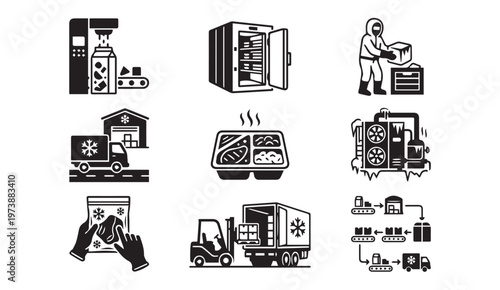 Food production and distribution icons with production distribution conveyor