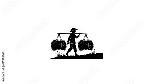 Asian Farmer Carrying Hay Bundles Silhouette Vector Illustration