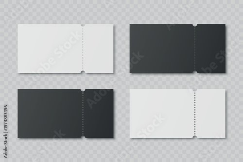 Vector Perforated Ticket Stub Template Set. Blank Admission, Event Tickets for Cinema, Theater, Concert, Festival. Voucher and Coupon. Black and White Tear-Off Design, Isolated, Front View