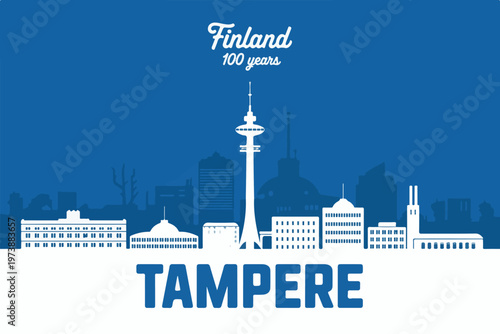 Tampere city skyline illustration for finland hundred years anniversary with white buildings and blue sky background cityscape.
