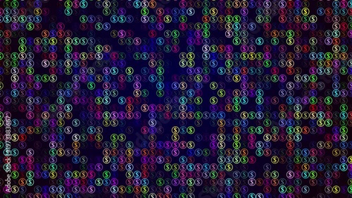 Abstract Digital Background Featuring A Dense Grid Of Glowing Neon Dollar Signs In Vibrant Colors Like Green, Blue, And Pink. The Circular Symbols Pulse On A Dark Backdrop, Representing Financial Data