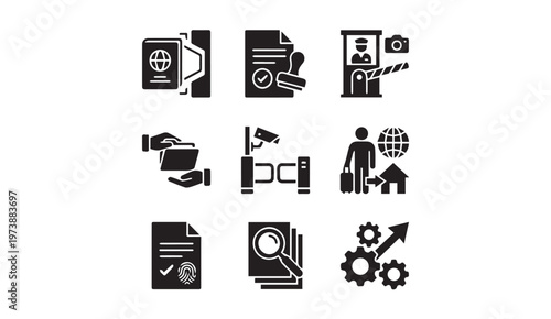 Border control and travel document icons with document passport security