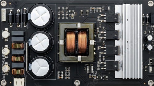 Electronic circuit board components and technology background  AI infrastructure, server farm, GPU cluster, data center hardware, parallel computing background, copy space