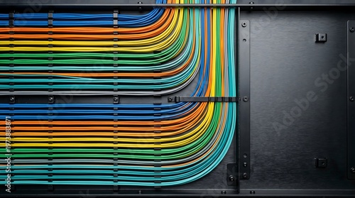 Colorful cable management system in server room, technology and data transfer AI infrastructure, server farm, GPU cluster, data center hardware, parallel computing background, copy space