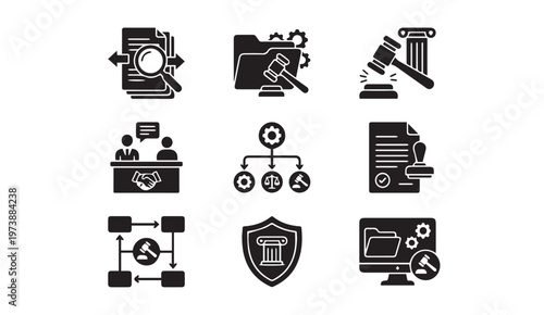 Legal and law enforcement glyph icons set with enforcement document pictogram