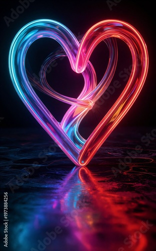 Neon heart glowing with vibrant blue and red hues on reflective