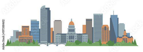 Vibrant Denver skyline vector illustration with colorful downtown cityscape architecture green trees river and state capitol dome for travel tourism and nature urban backgrounds