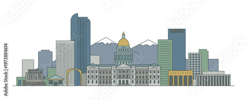 Denver skyline vector illustration featuring pastel color cityscape architecture prominent state capitol building dome and rocky mountains for travel tourism and urban backgrounds
