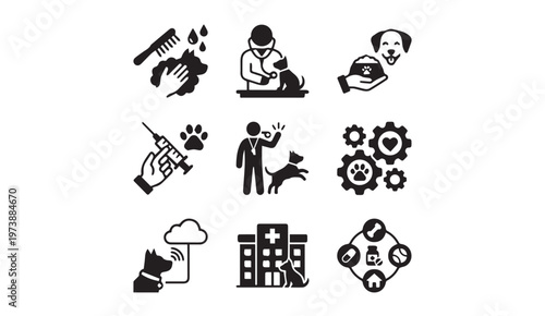 Pet care and veterinary services icons for animal welfare and health