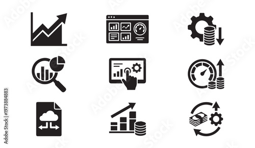 Financial data analysis and business growth metrics glyph icons with analysis
