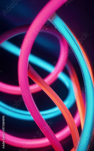 Vibrant neon tubes twist and glow in a dynamic futuristic light