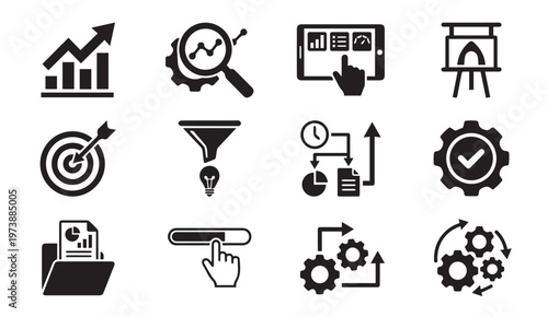 Business analytics marketing strategy and process optimization icons set