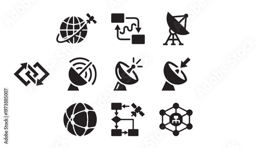 Global satellite communication and network technology icons set with satellite
