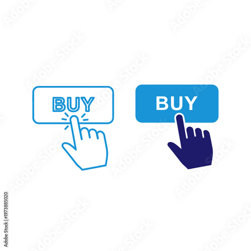 A finger presses a blue 'BUY' button, representing online purchasing and e-commerce.