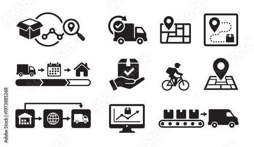 Delivery logistics shipping and tracking system icons set with delivery